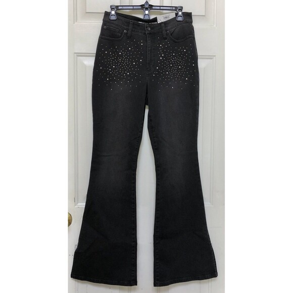 INC Denim Jeans Women's High Rise Flare Black Wash Rhinestones Studded at front - Picture 11 of 16